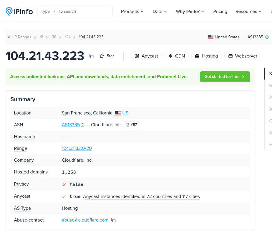 IPInfo — 104.21.43.223